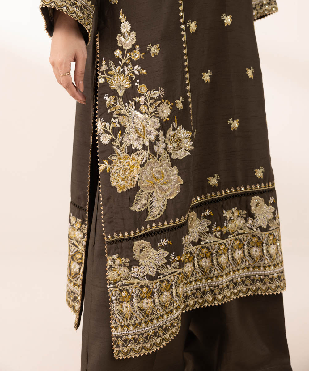 Women's Pret Raw Silk Brown Embroidered Three Piece Suit