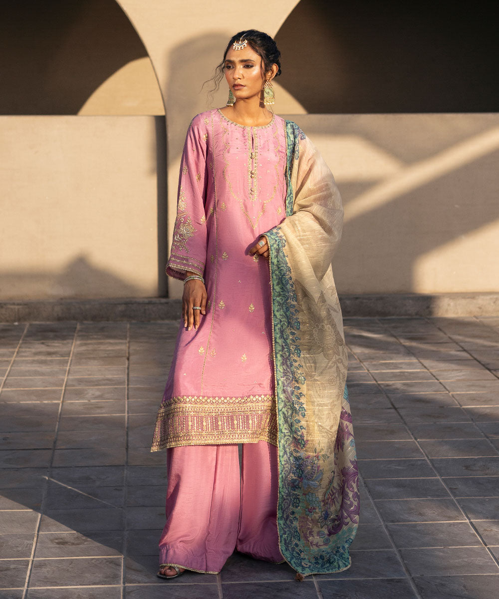 Women's Pret Raw Silk Pink Embroidered Three Piece Suit