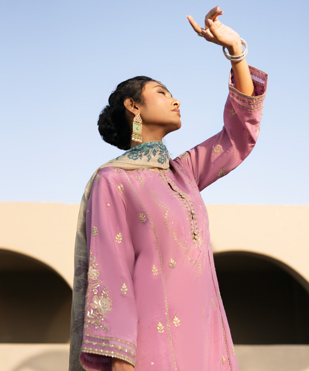 Women's Pret Raw Silk Pink Embroidered Three Piece Suit