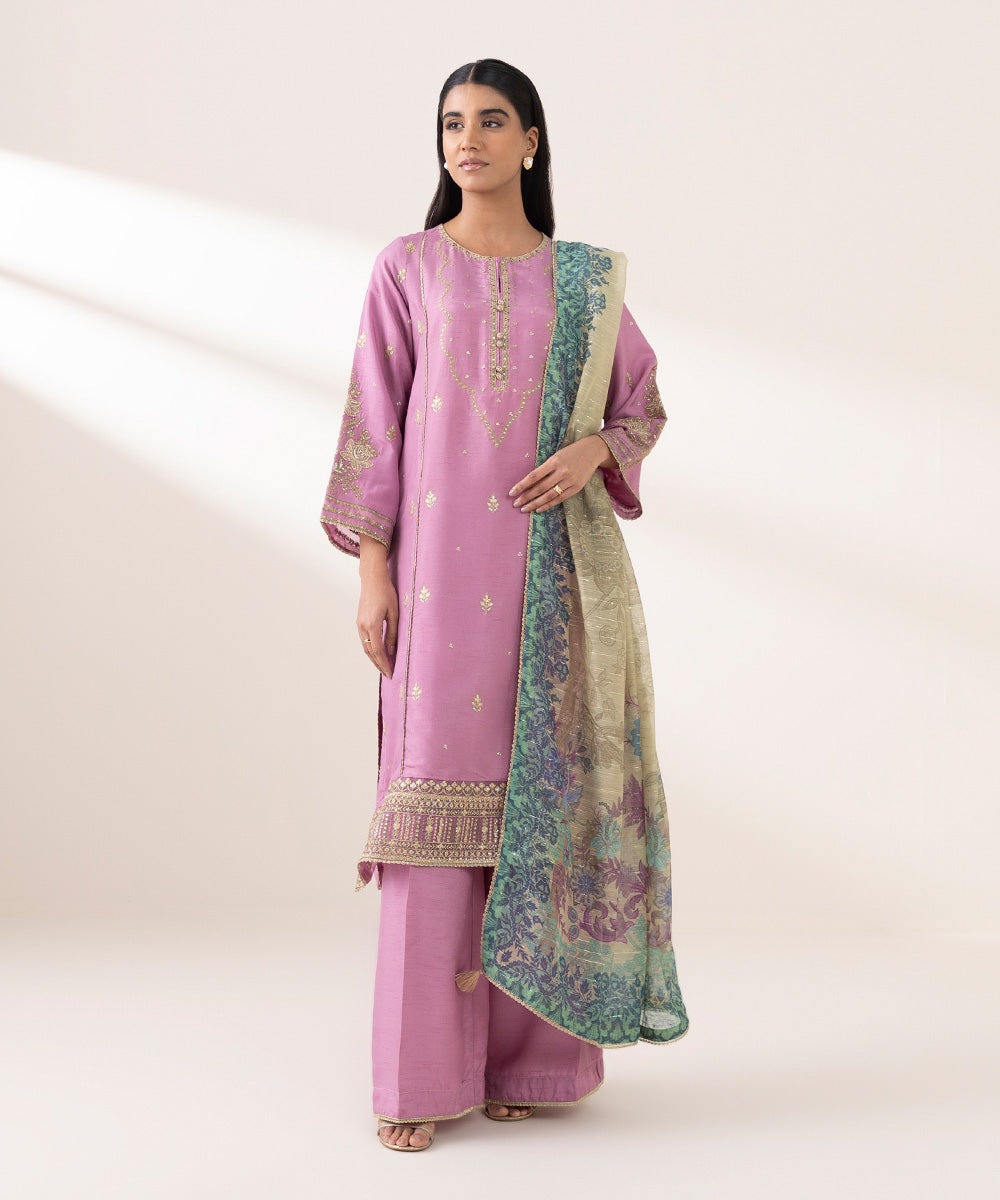 Women's Pret Raw Silk Pink Embroidered Three Piece Suit
