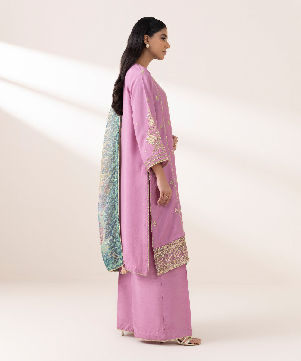 Women's Pret Raw Silk Pink Embroidered Three Piece Suit