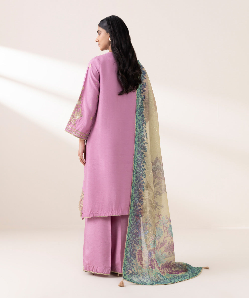 Women's Pret Raw Silk Pink Embroidered Three Piece Suit