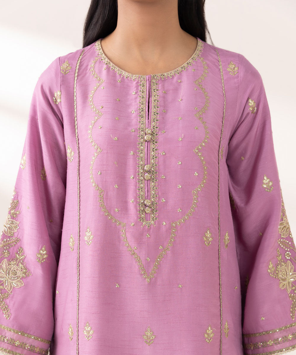 Women's Pret Raw Silk Pink Embroidered Three Piece Suit
