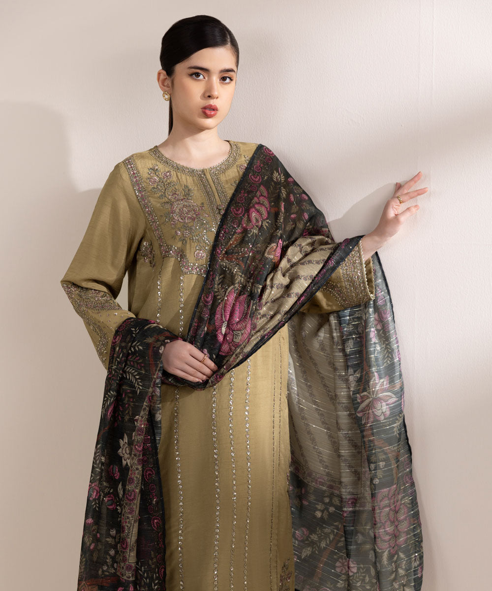 Women's Pret Raw Silk Brown Embroidered Three Piece Suit