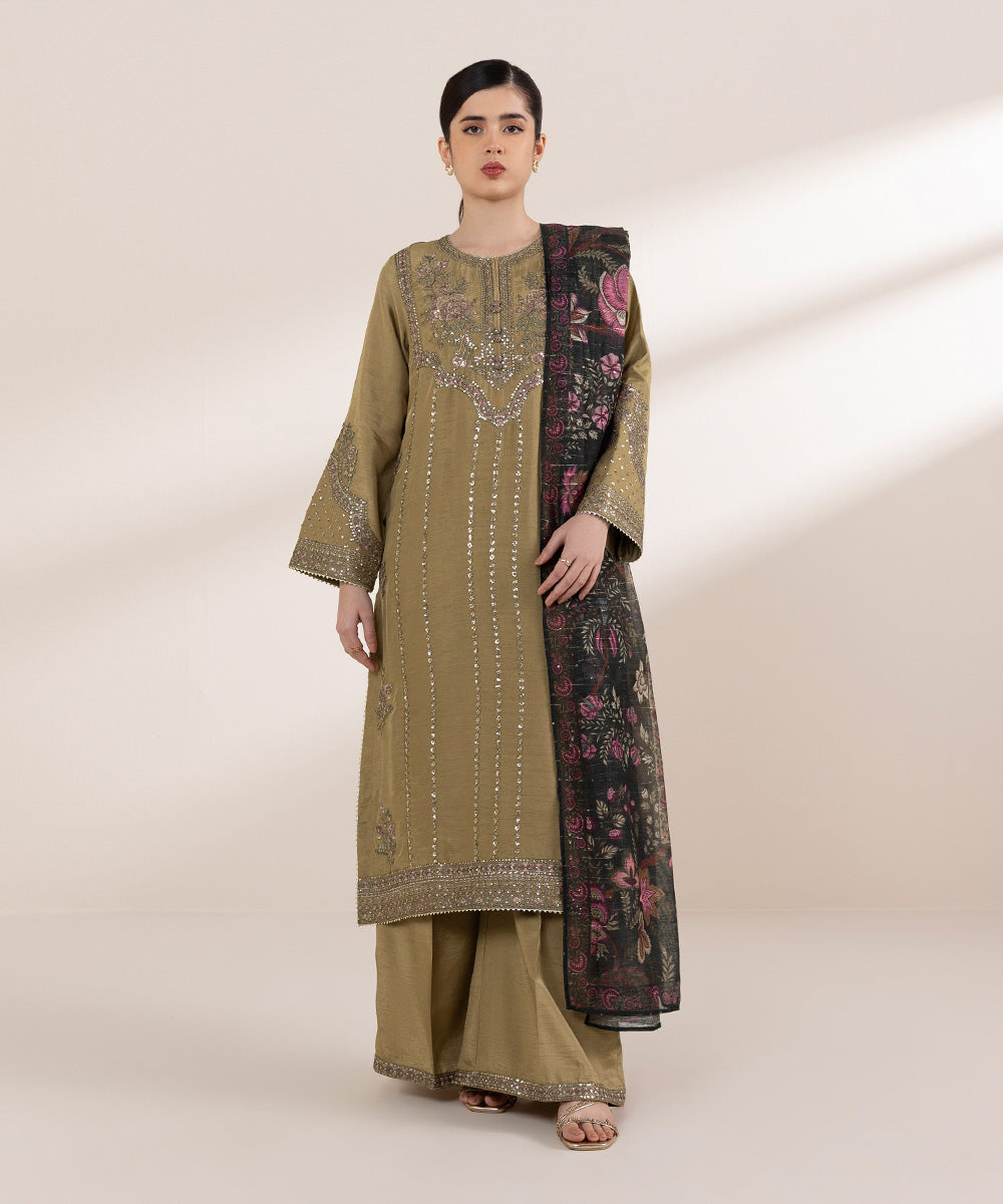 Women's Pret Raw Silk Brown Embroidered Three Piece Suit