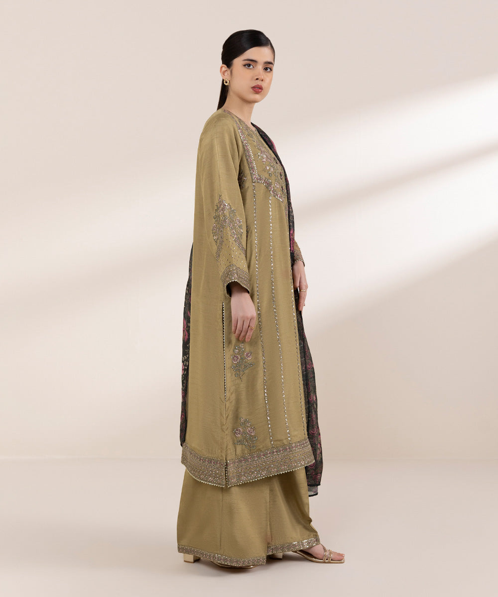 Women's Pret Raw Silk Brown Embroidered Three Piece Suit