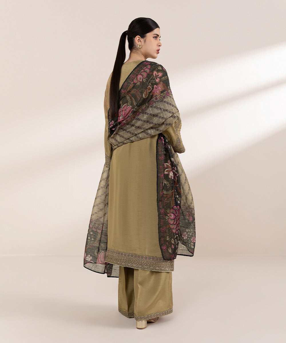 Women's Pret Raw Silk Brown Embroidered Three Piece Suit