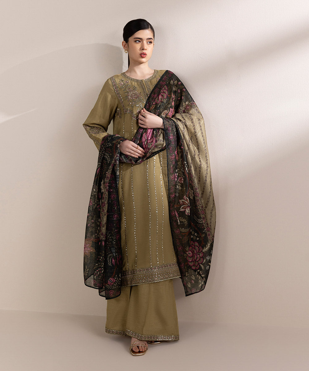 Women's Pret Raw Silk Brown Embroidered Three Piece Suit