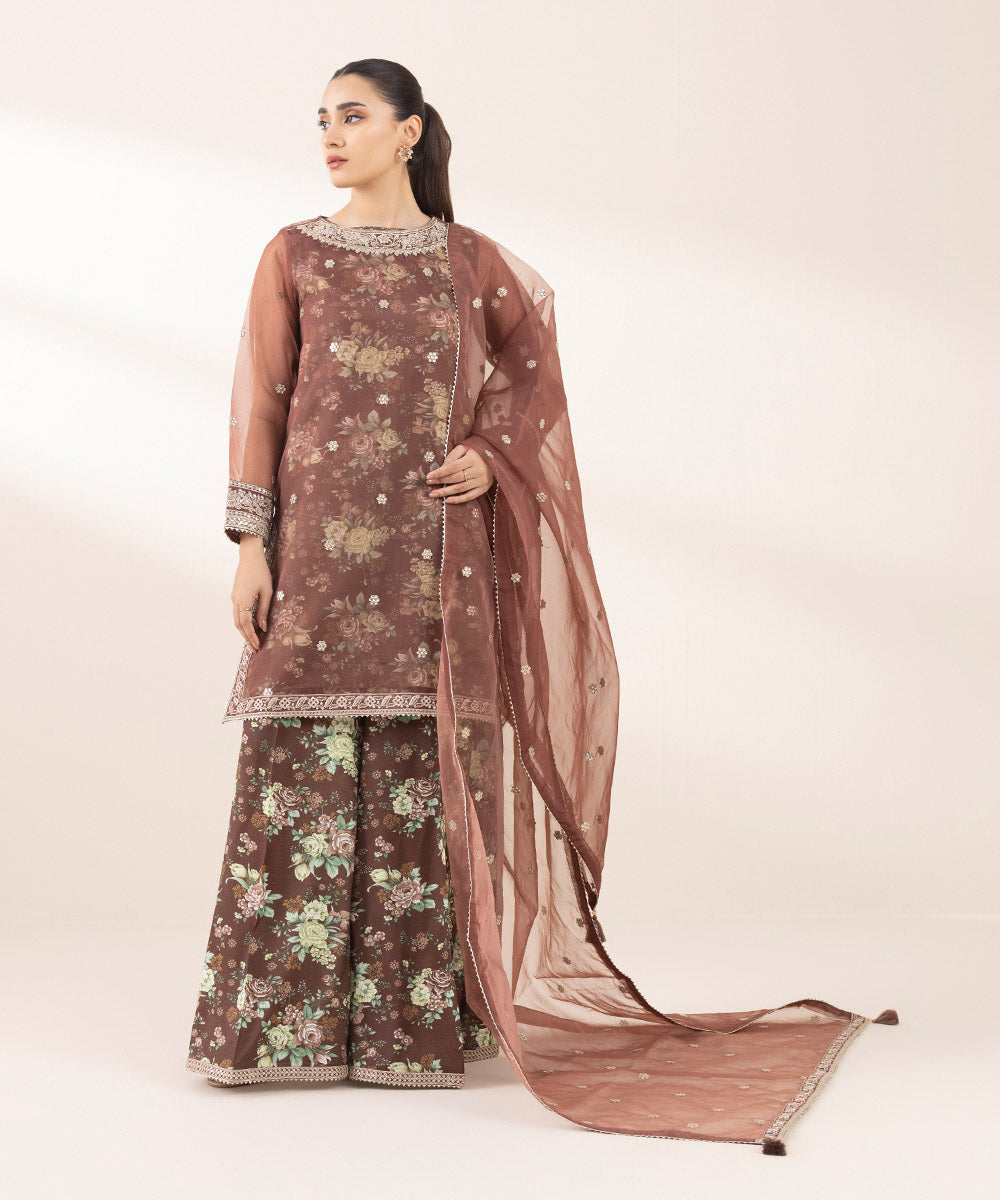 Women's Pret Blended Organza Brown Embroidered Three Piece Suit