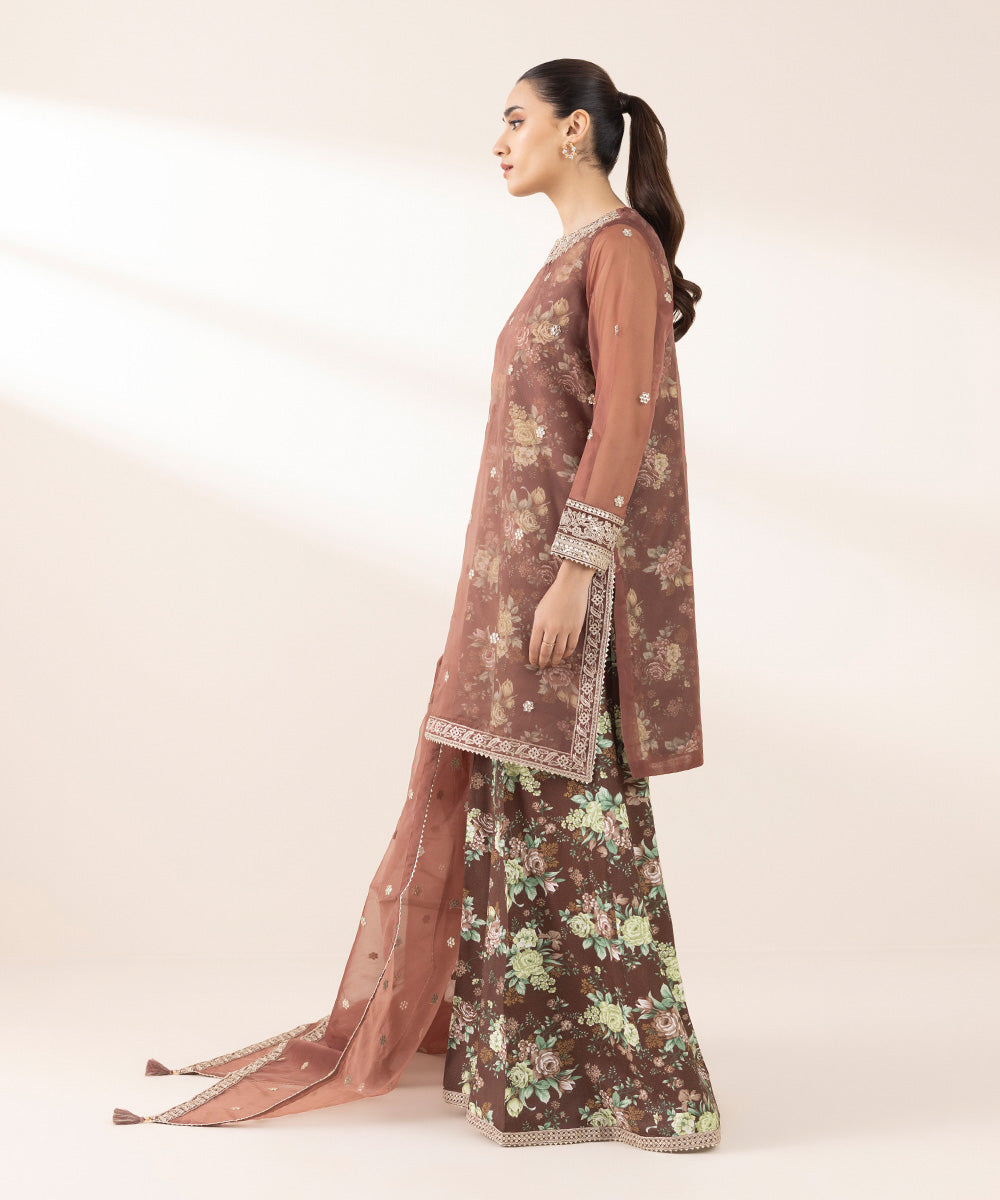 Women's Pret Blended Organza Brown Embroidered Three Piece Suit