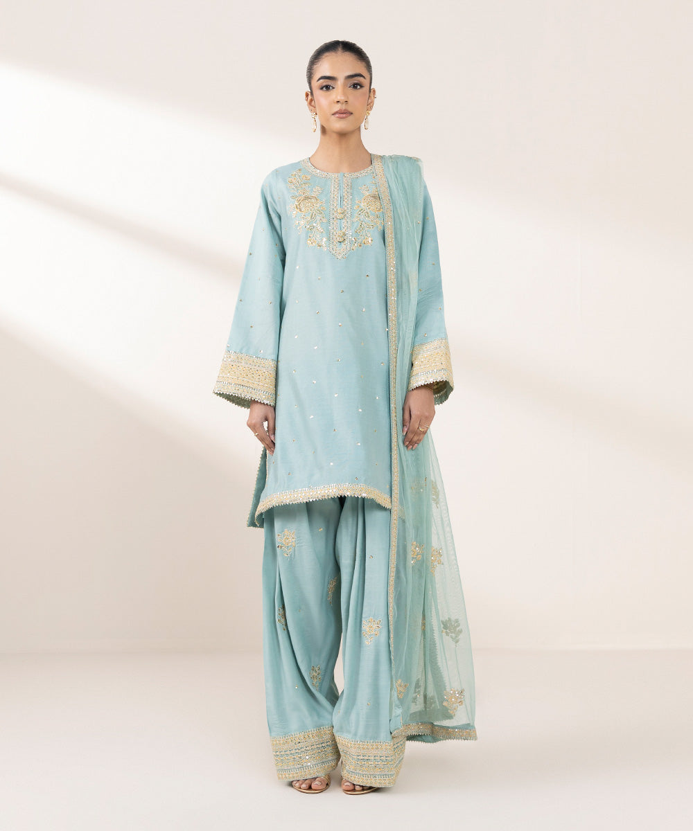 Women's Pret Silk Cotton Net Blue Embroidered Three Piece Suit