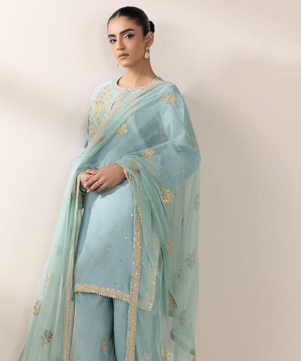 Women's Pret Silk Cotton Net Blue Embroidered Three Piece Suit