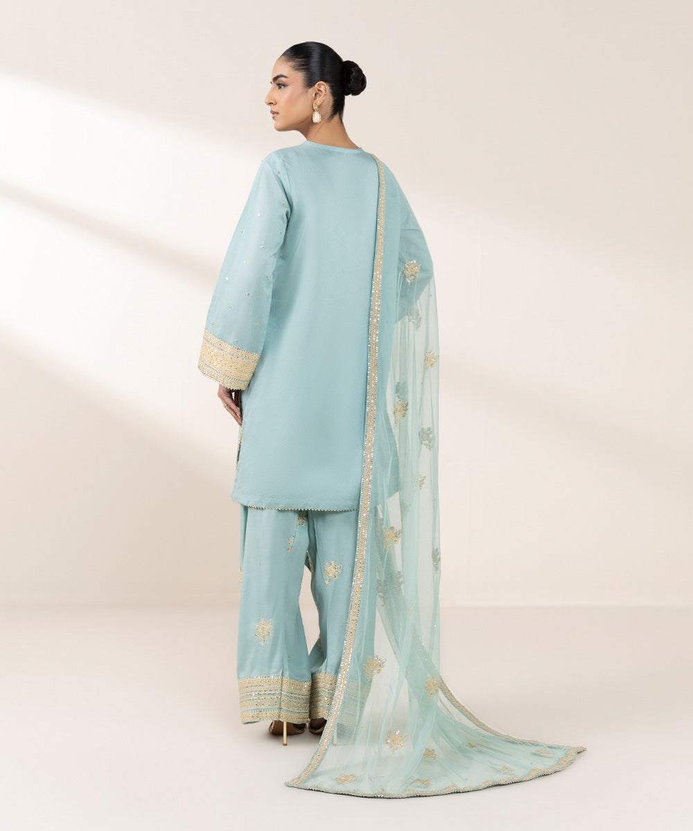 Women's Pret Silk Cotton Net Blue Embroidered Three Piece Suit