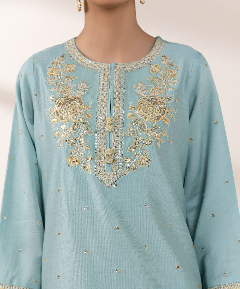 Women's Pret Silk Cotton Net Blue Embroidered Three Piece Suit