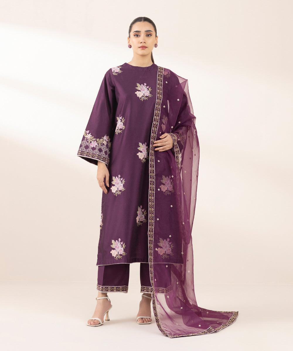 Women's Pret Silk Cotton Net Purple Embroidered Three Piece Suit