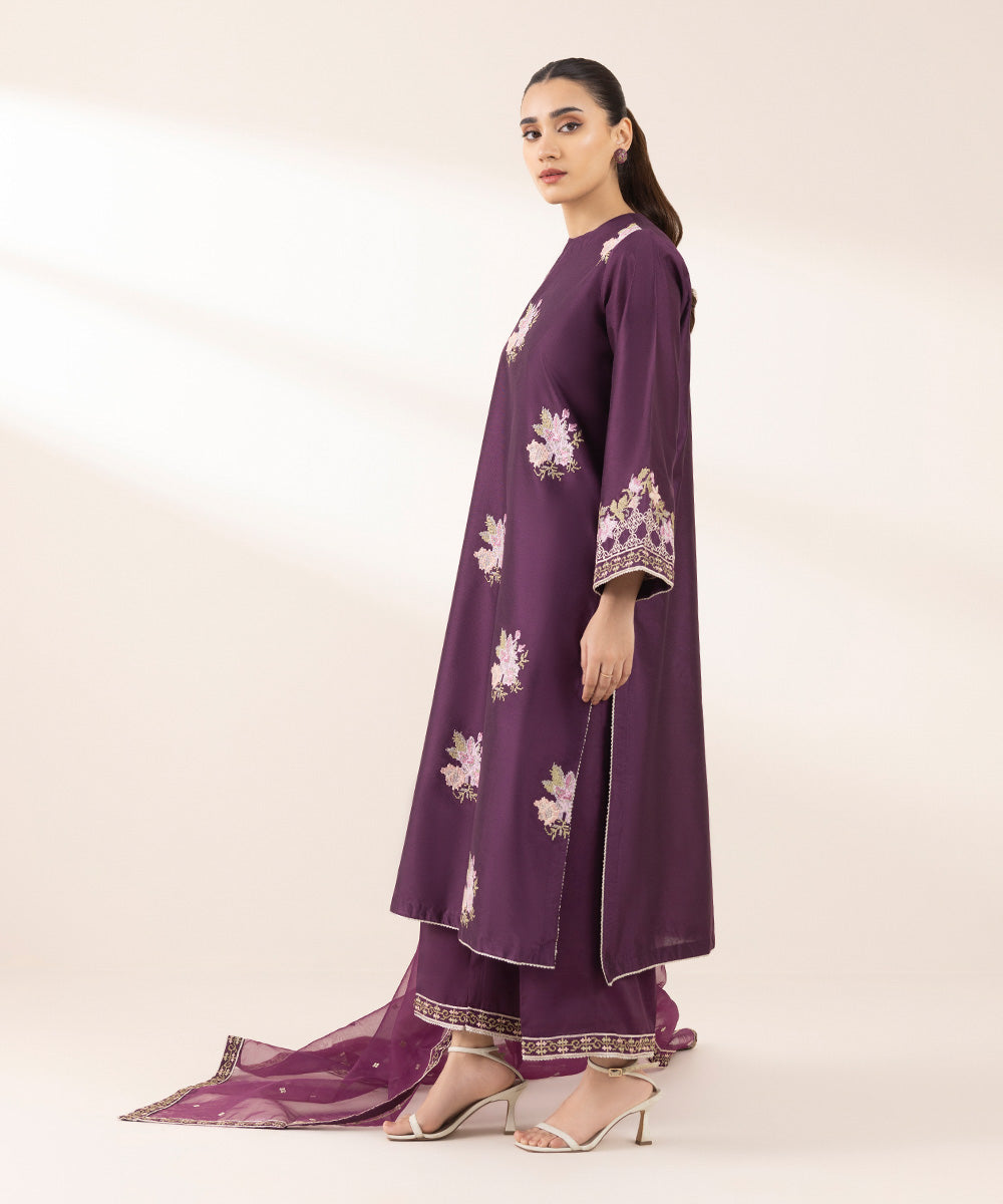 Women's Pret Silk Cotton Net Purple Embroidered Three Piece Suit