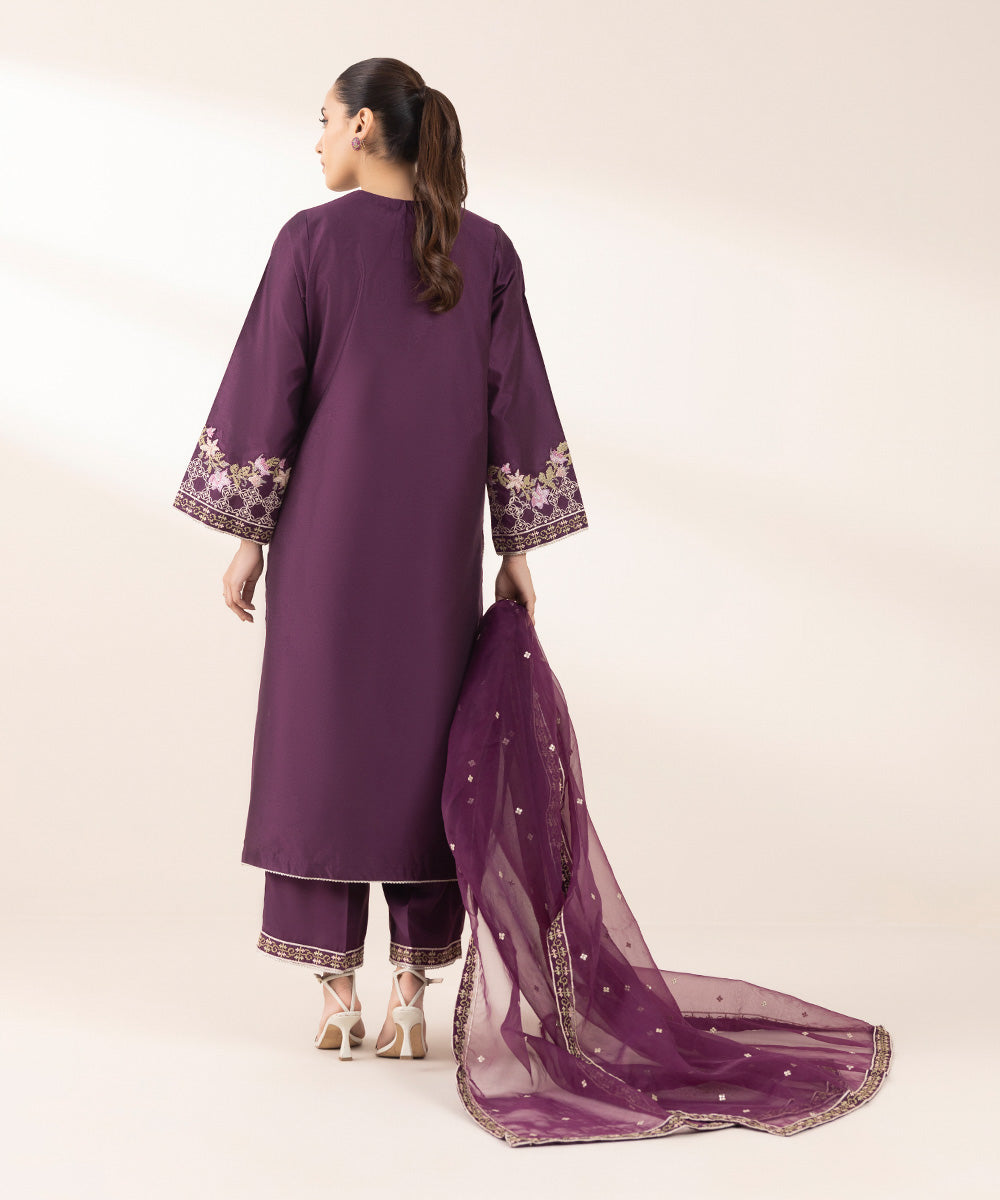 Women's Pret Silk Cotton Net Purple Embroidered Three Piece Suit