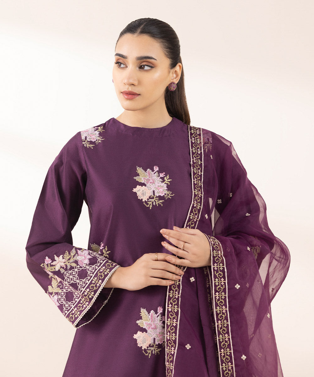 Women's Pret Silk Cotton Net Purple Embroidered Three Piece Suit