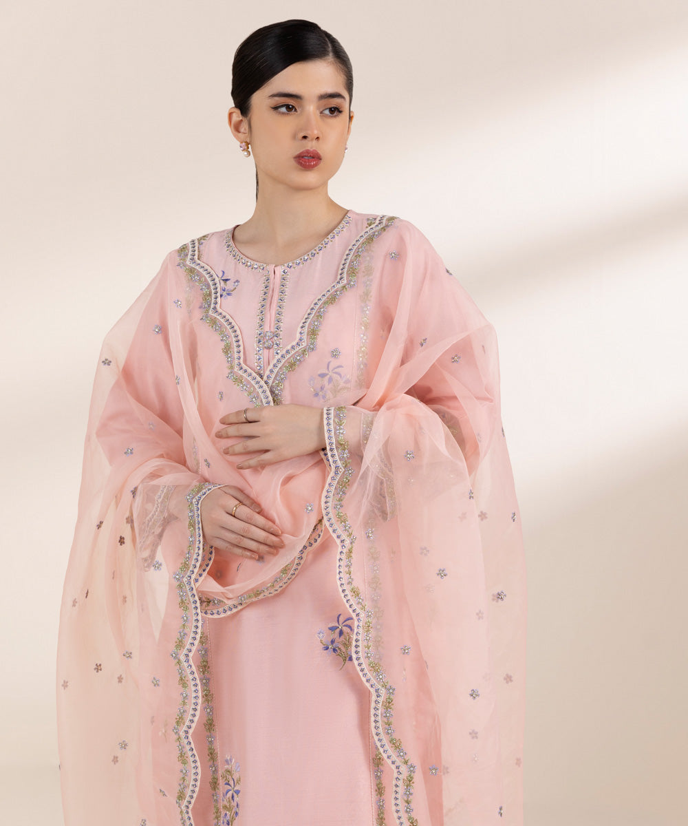 Women's Pret Silk Cotton Net Pink Embroidered Three Piece Suit