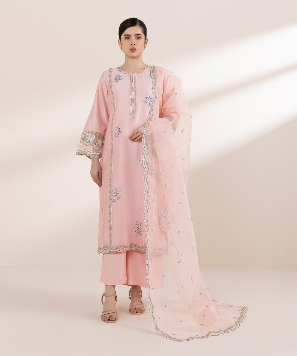 Women's Pret Silk Cotton Net Pink Embroidered Three Piece Suit