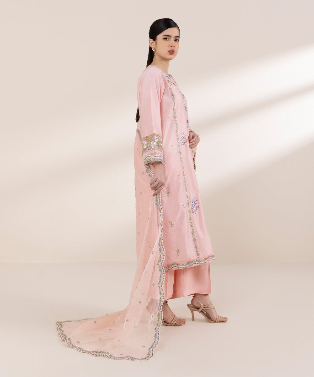 Women's Pret Silk Cotton Net Pink Embroidered Three Piece Suit