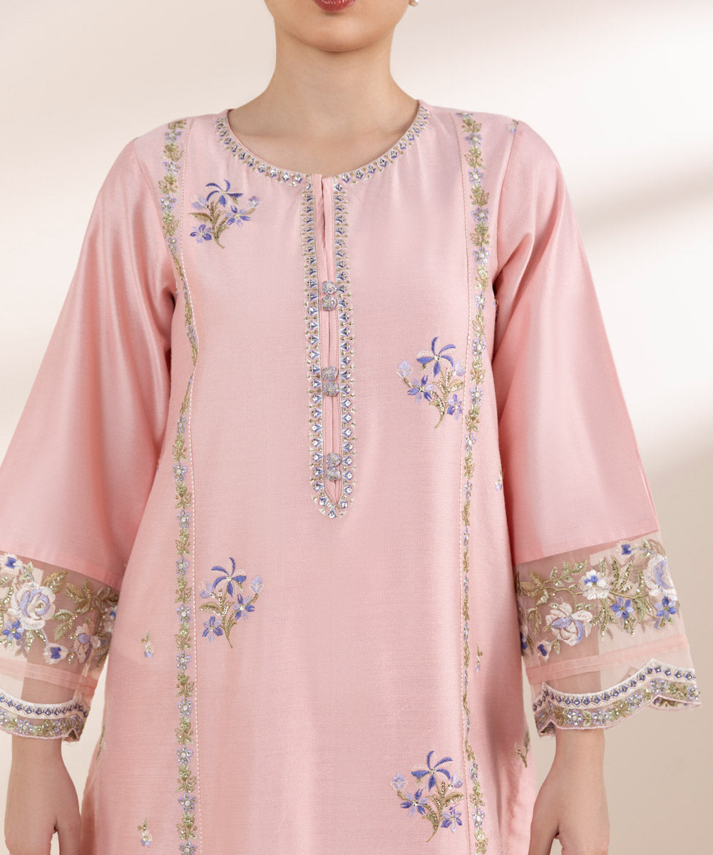 Women's Pret Silk Cotton Net Pink Embroidered Three Piece Suit