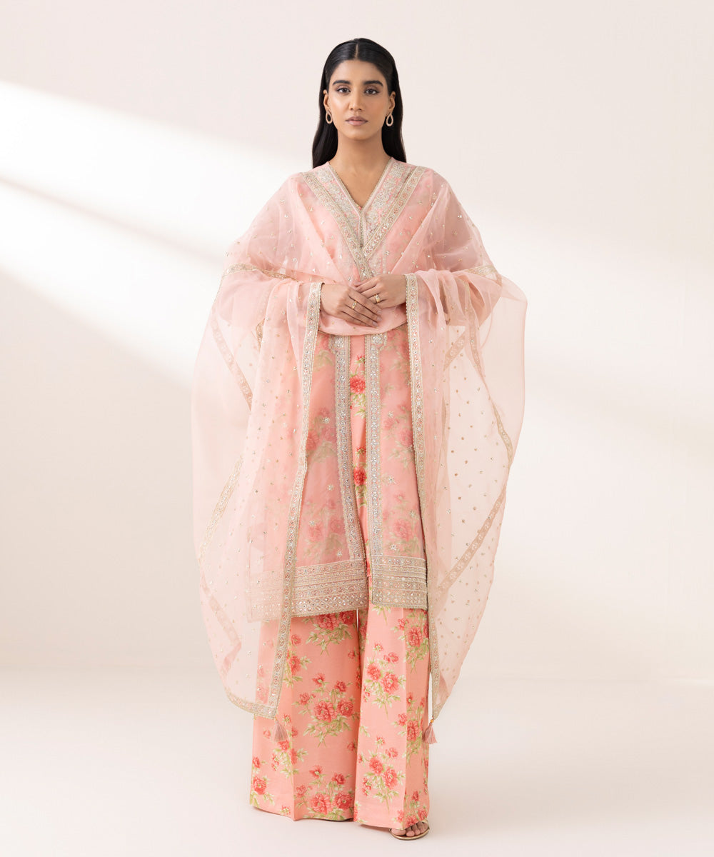 Women's Pret Blended Organza Pink Embroidered Three Piece Suit