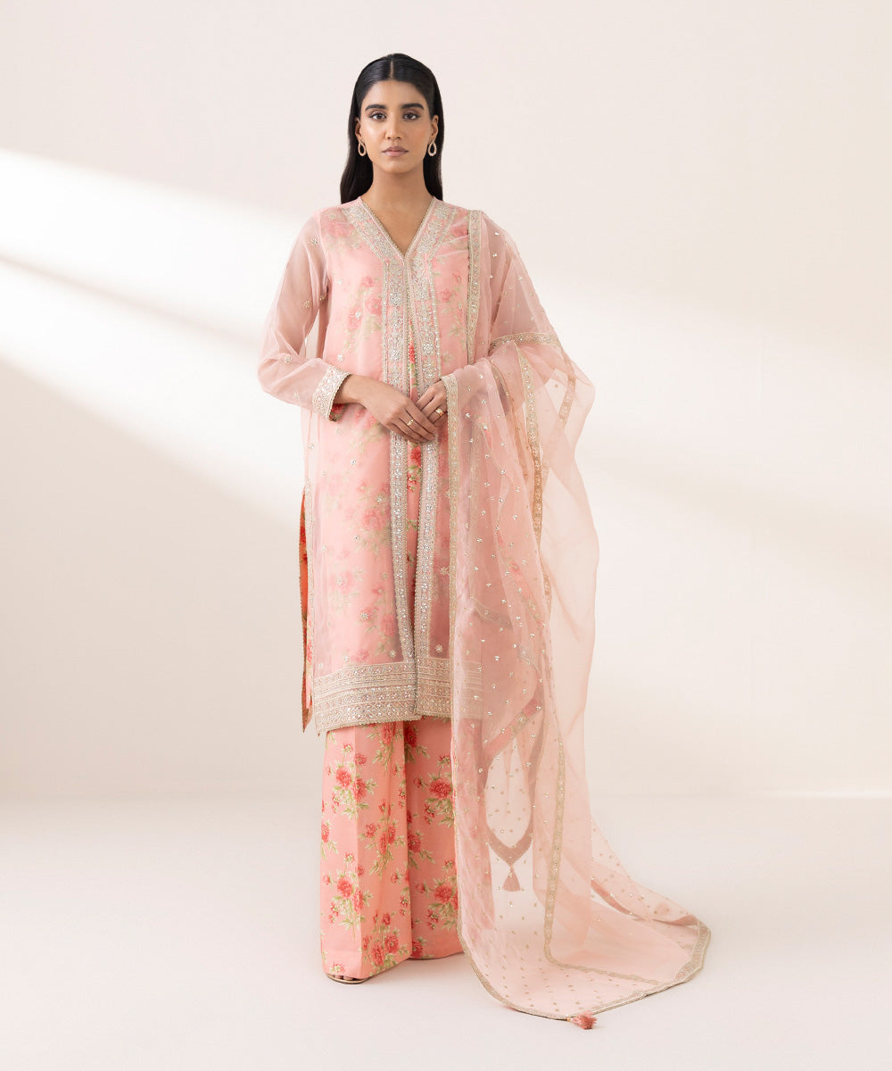 Women's Pret Blended Organza Pink Embroidered Three Piece Suit