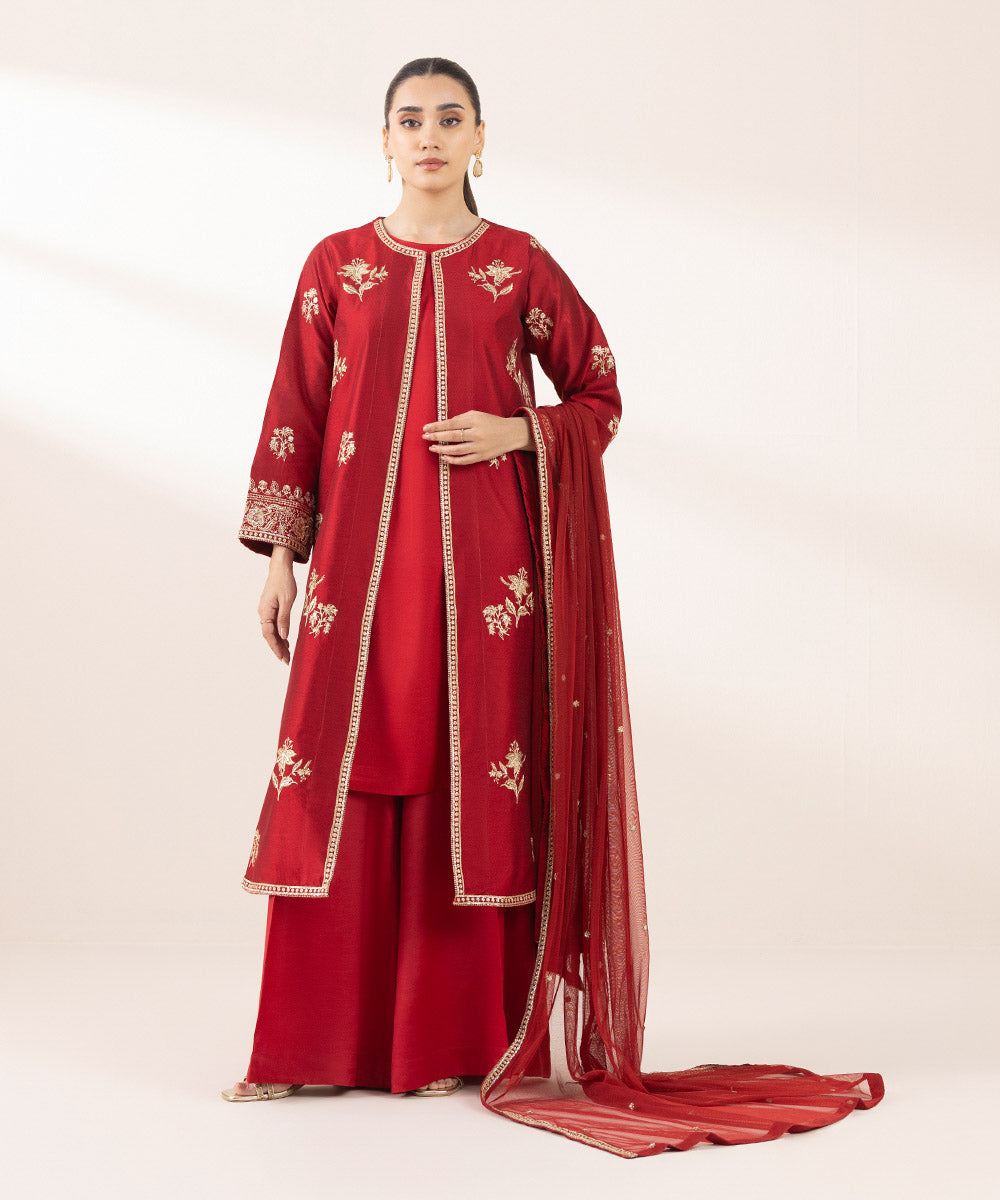 Women's Pret Silk Cotton Net Red Embroidered Three Piece Suit