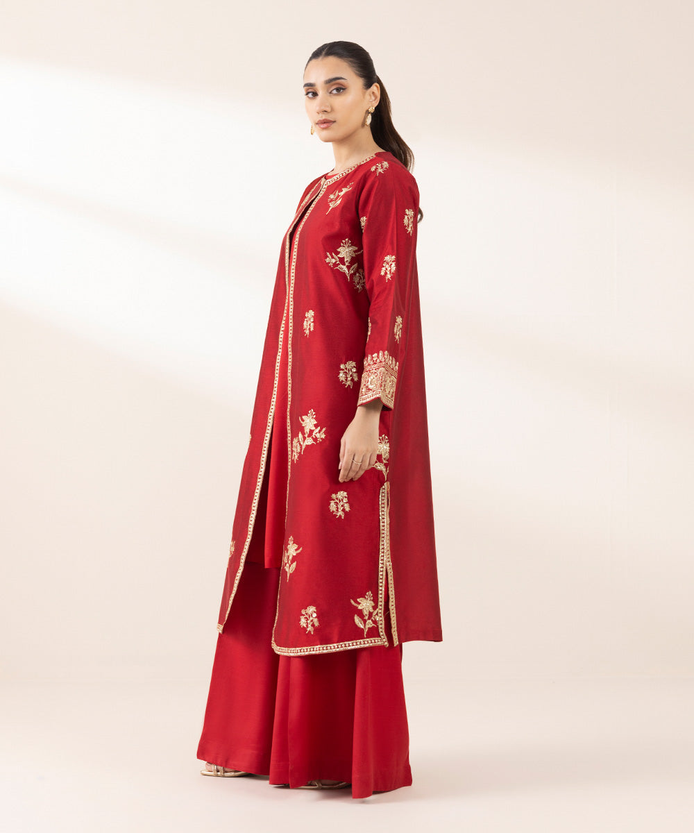 Women's Pret Silk Cotton Net Red Embroidered Three Piece Suit