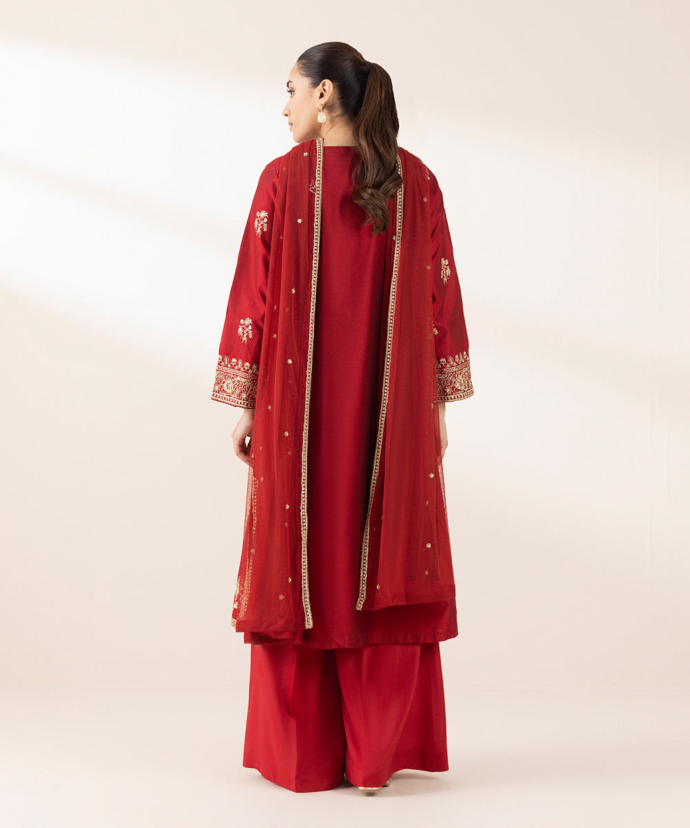 Women's Pret Silk Cotton Net Red Embroidered Three Piece Suit