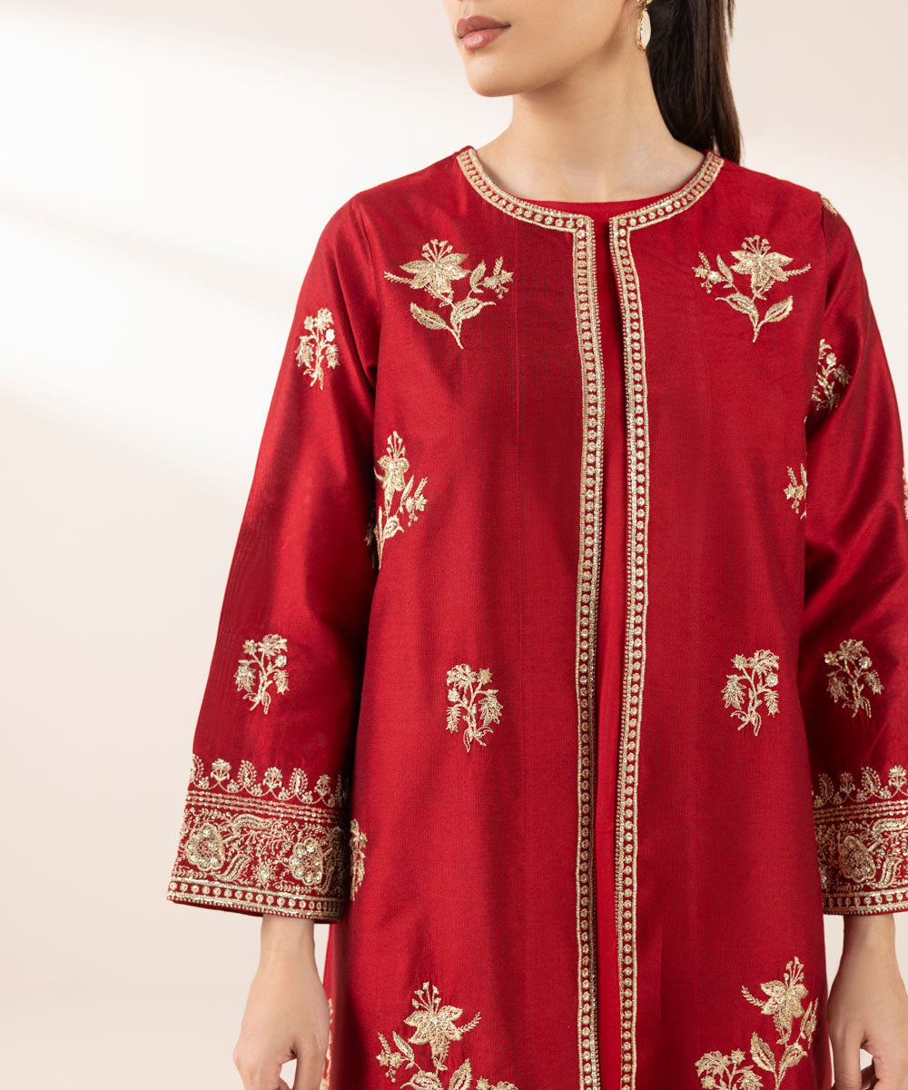 Women's Pret Silk Cotton Net Red Embroidered Three Piece Suit