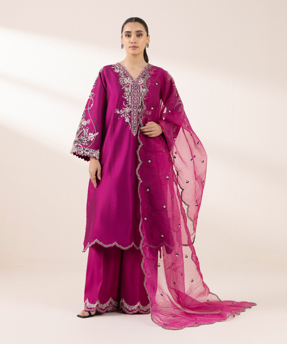 Women's Pret Silk Cotton Net Purple Embroidered Three Piece Suit