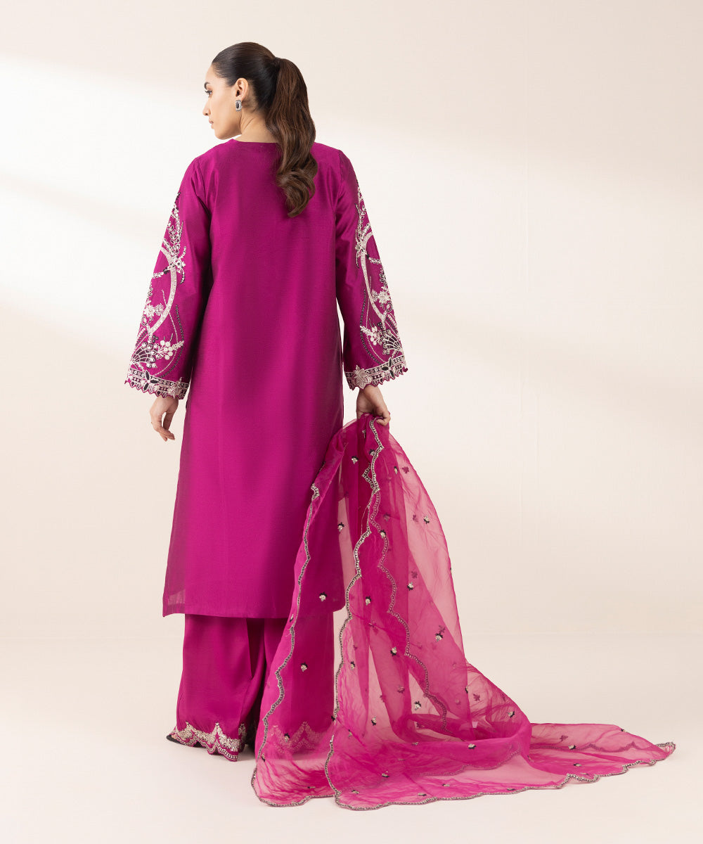 Women's Pret Silk Cotton Net Purple Embroidered Three Piece Suit