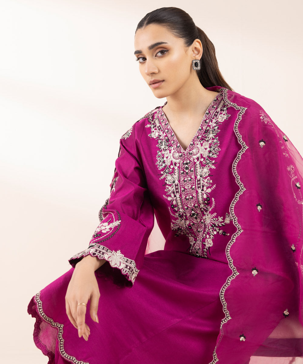 Women's Pret Silk Cotton Net Purple Embroidered Three Piece Suit