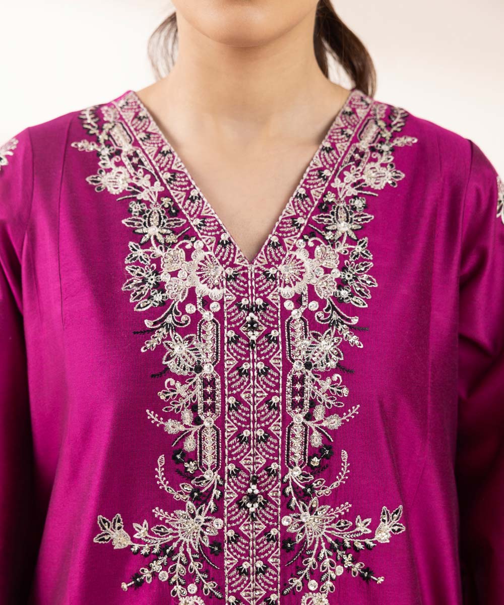 Women's Pret Silk Cotton Net Purple Embroidered Three Piece Suit