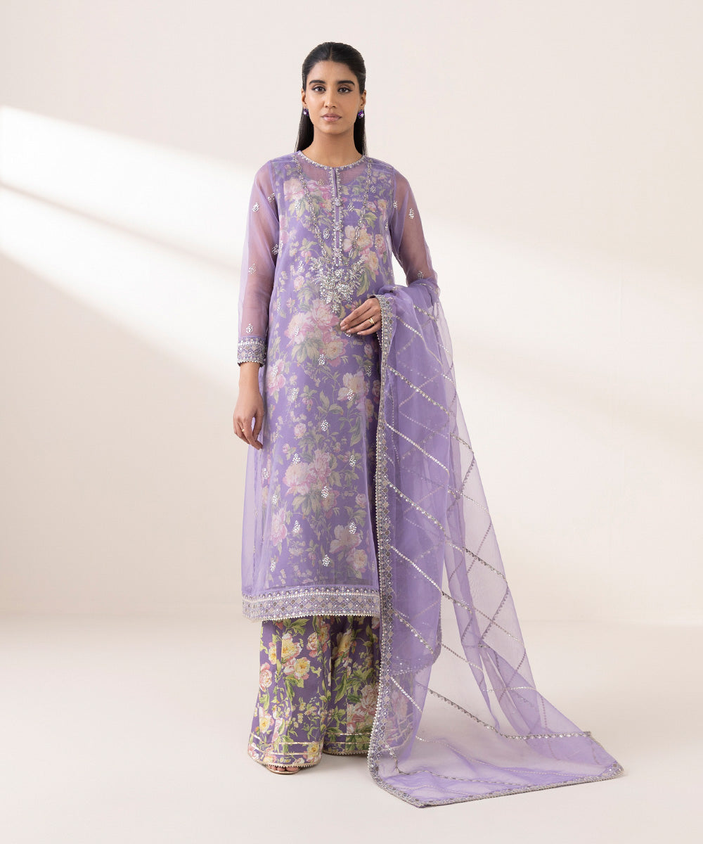 Women's Pret Blended Organza Purple Embroidered Three Piece Suit