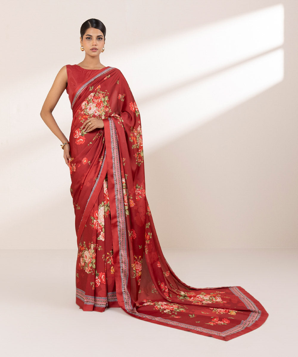 Women's RTW Blended Satin Red Printed Two Piece Suit