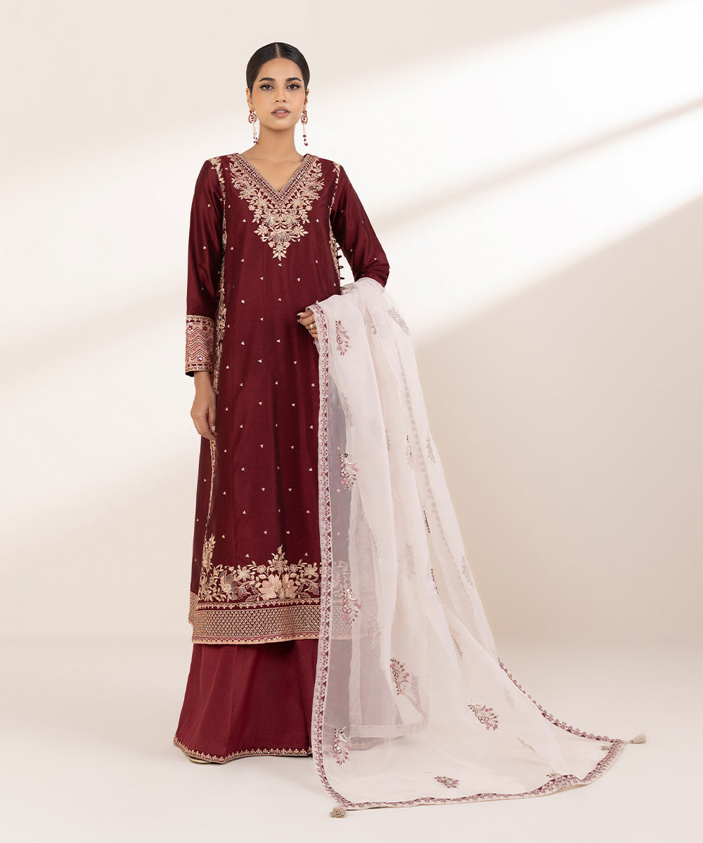 Women's RTW Silk Cotton Net Red Embroidered Three Piece Suit