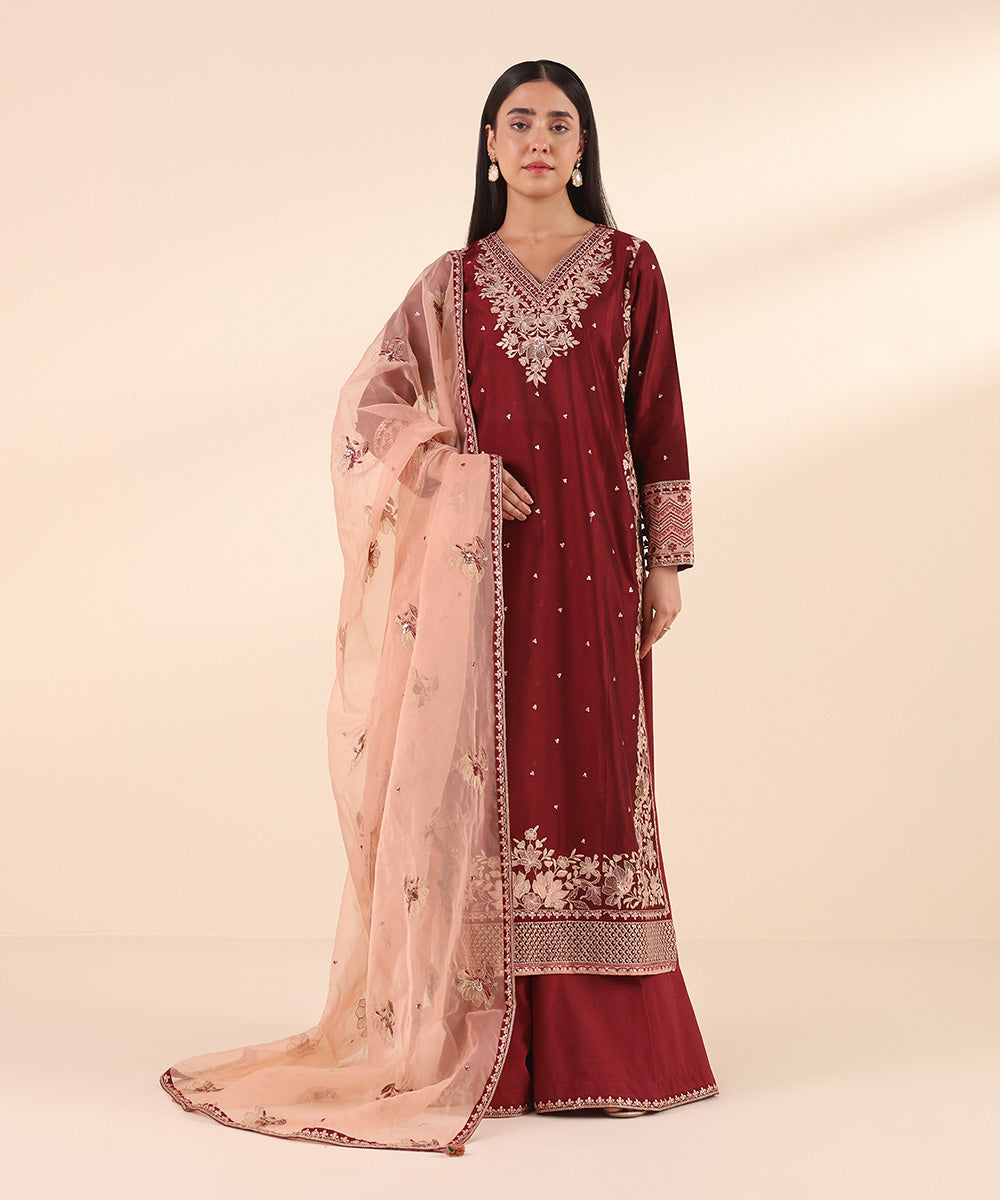 Women's RTW Silk Cotton Net Red Embroidered Three Piece Suit
