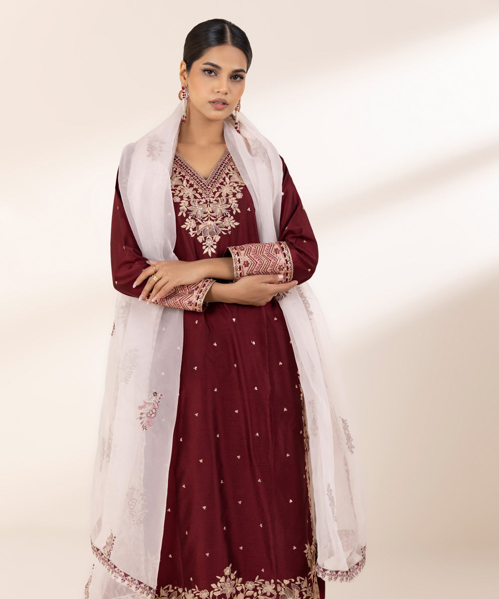 Women's RTW Silk Cotton Net Red Embroidered Three Piece Suit