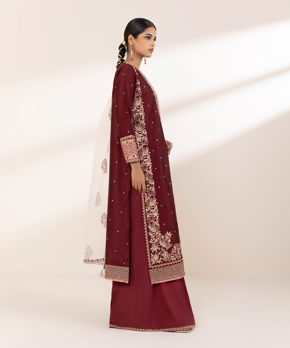 Women's RTW Silk Cotton Net Red Embroidered Three Piece Suit