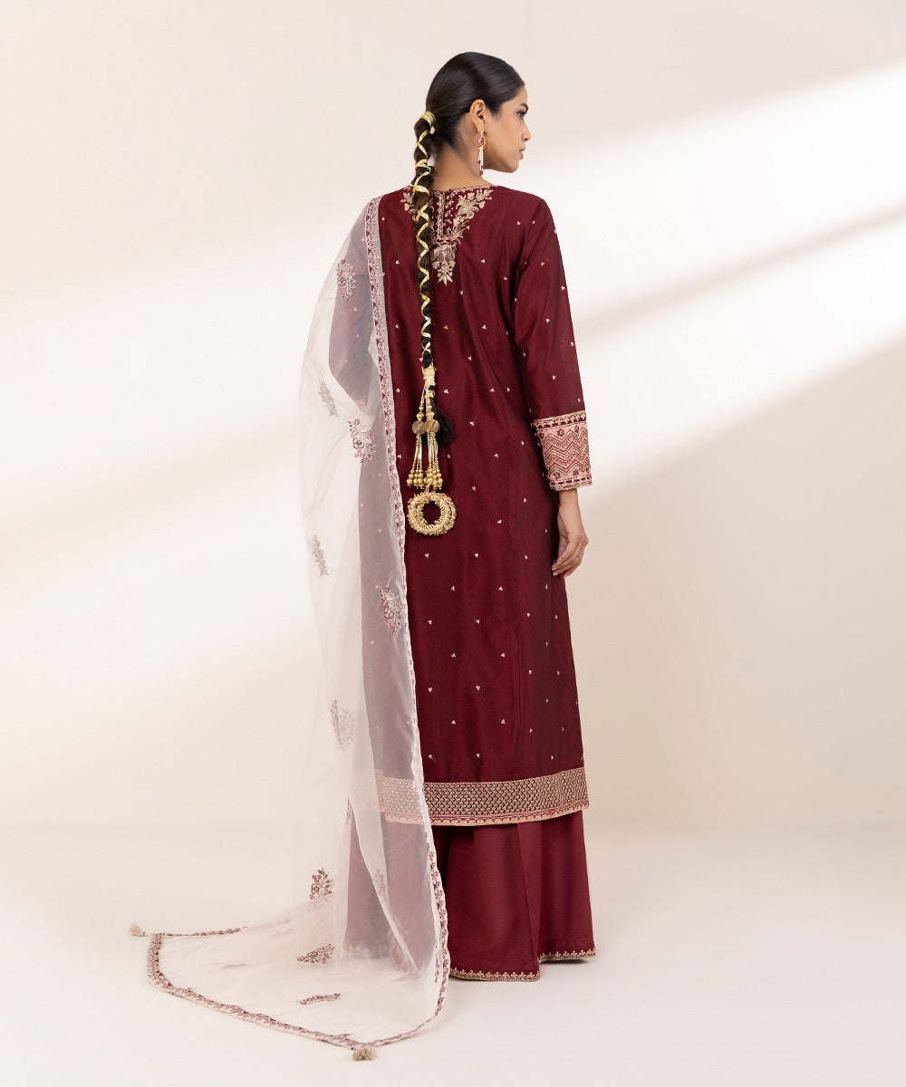 Women's RTW Silk Cotton Net Red Embroidered Three Piece Suit