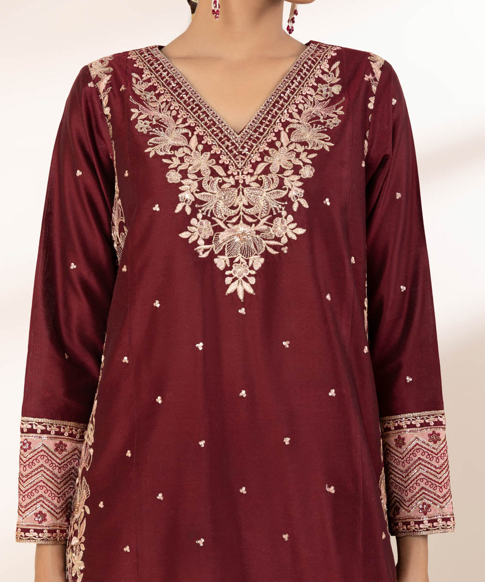 Women's RTW Silk Cotton Net Red Embroidered Three Piece Suit