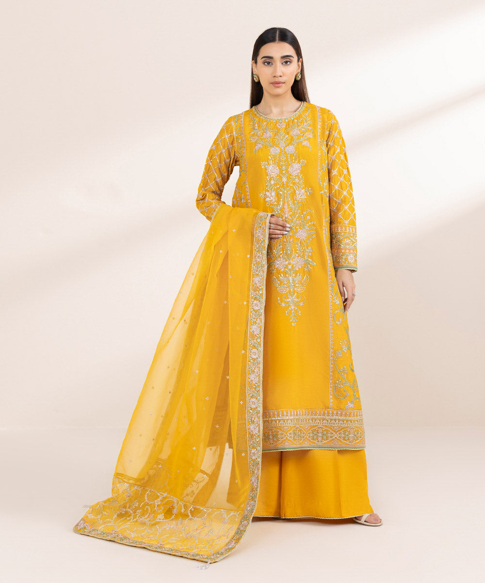 Women's Pret Blended Organza Yellow Embroidered 3 Piece Suit