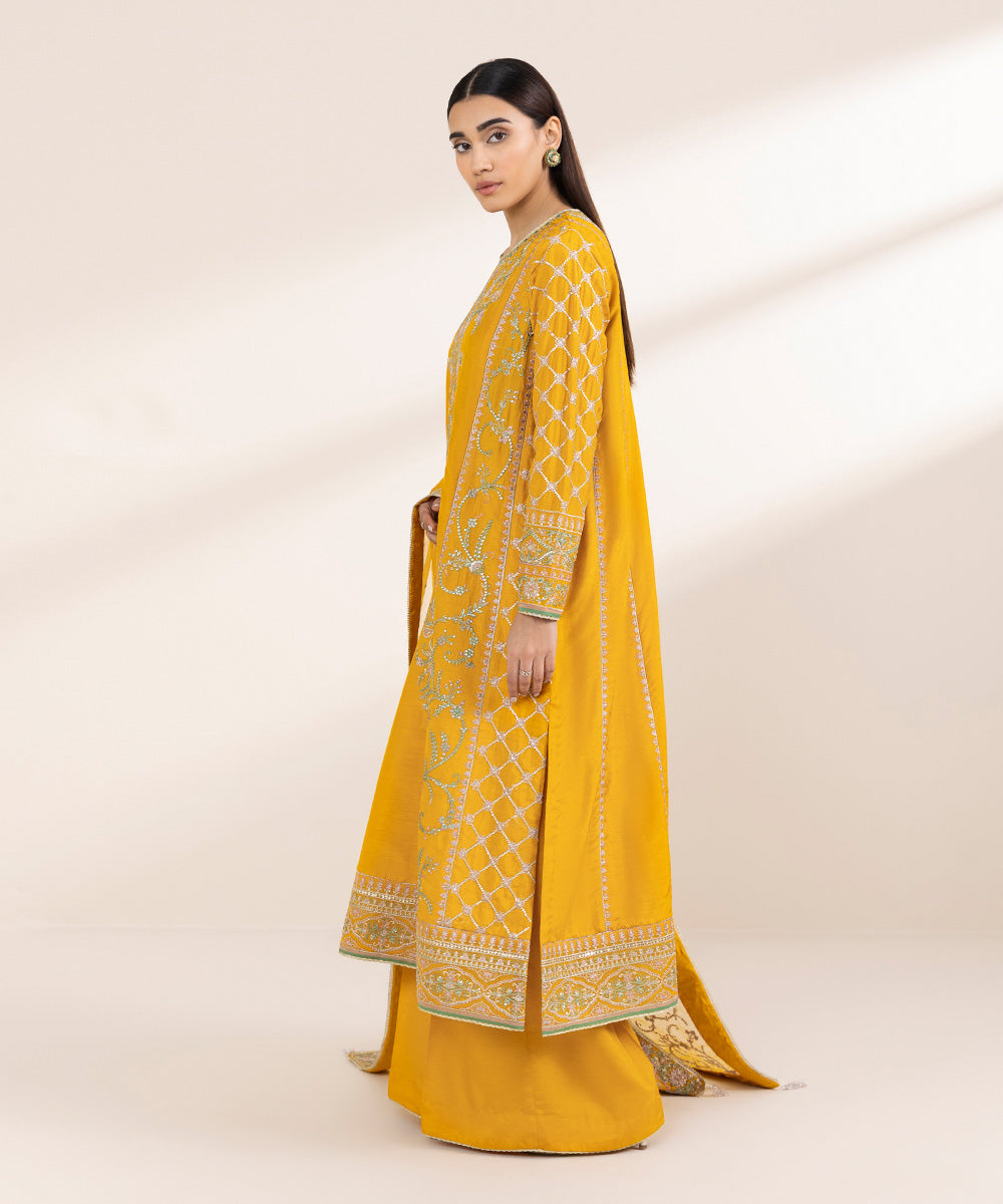 Women's Pret Blended Organza Yellow Embroidered 3 Piece Suit