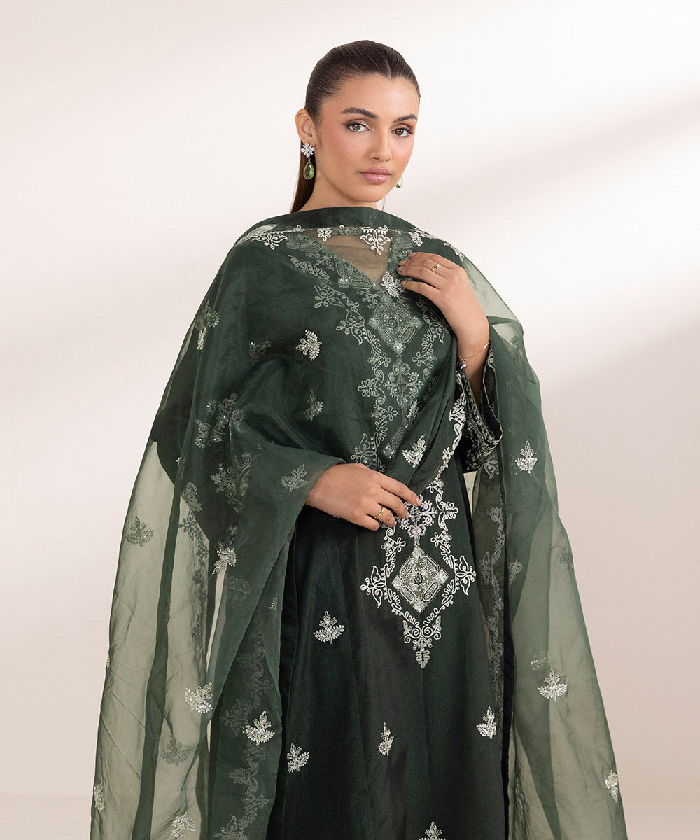 Women's Pret Blended Organza Green Embroidered 3 Piece Suit