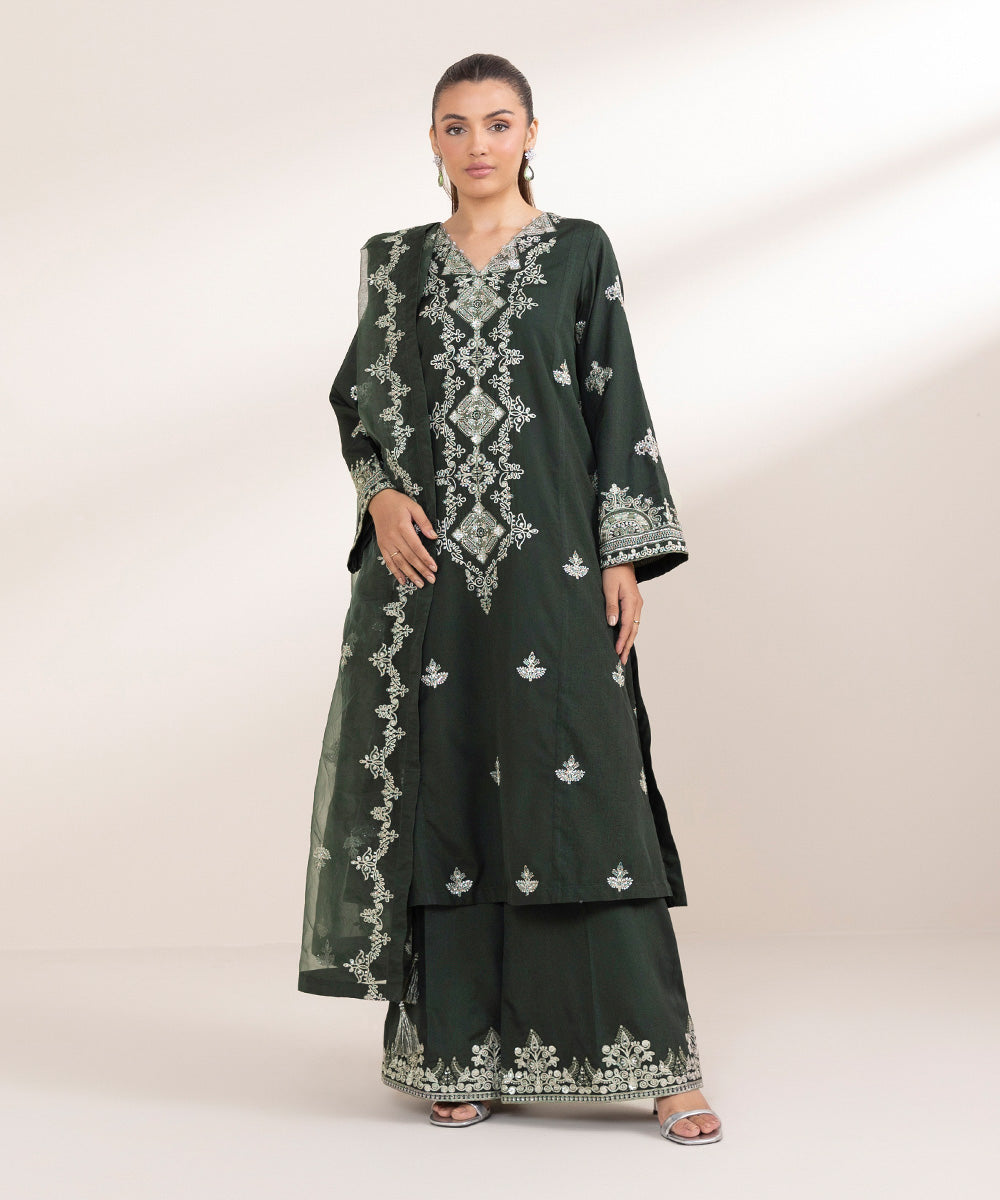 Women's Pret Blended Organza Green Embroidered 3 Piece Suit