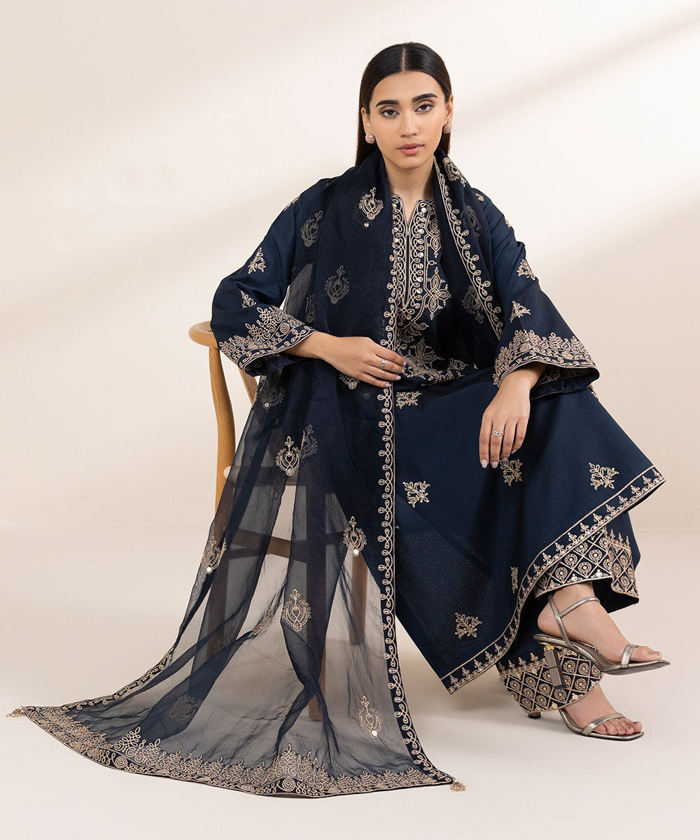 Women's Pret Blended Organza Blue Embroidered 3 Piece Suit