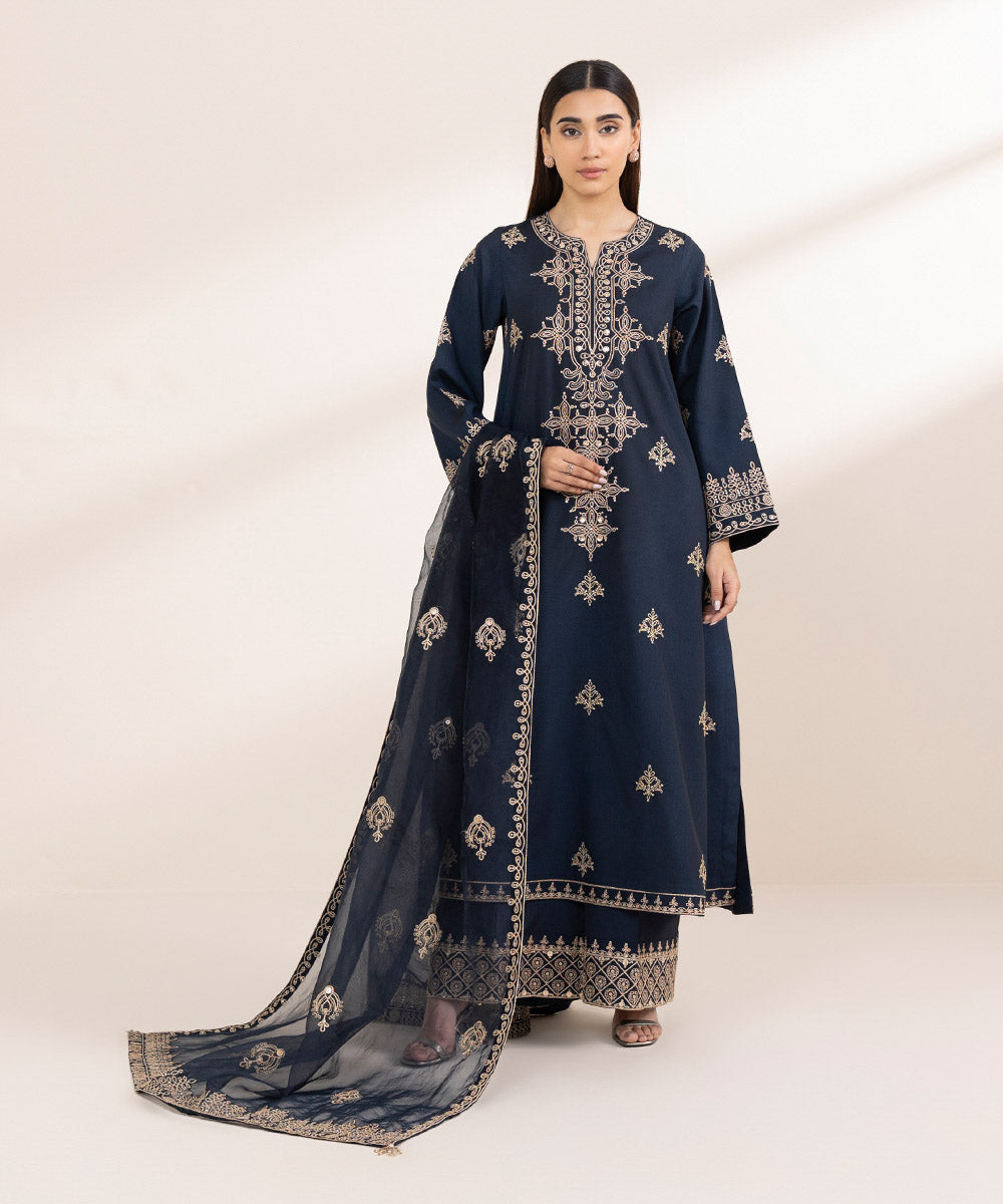 Women's Pret Blended Organza Blue Embroidered 3 Piece Suit